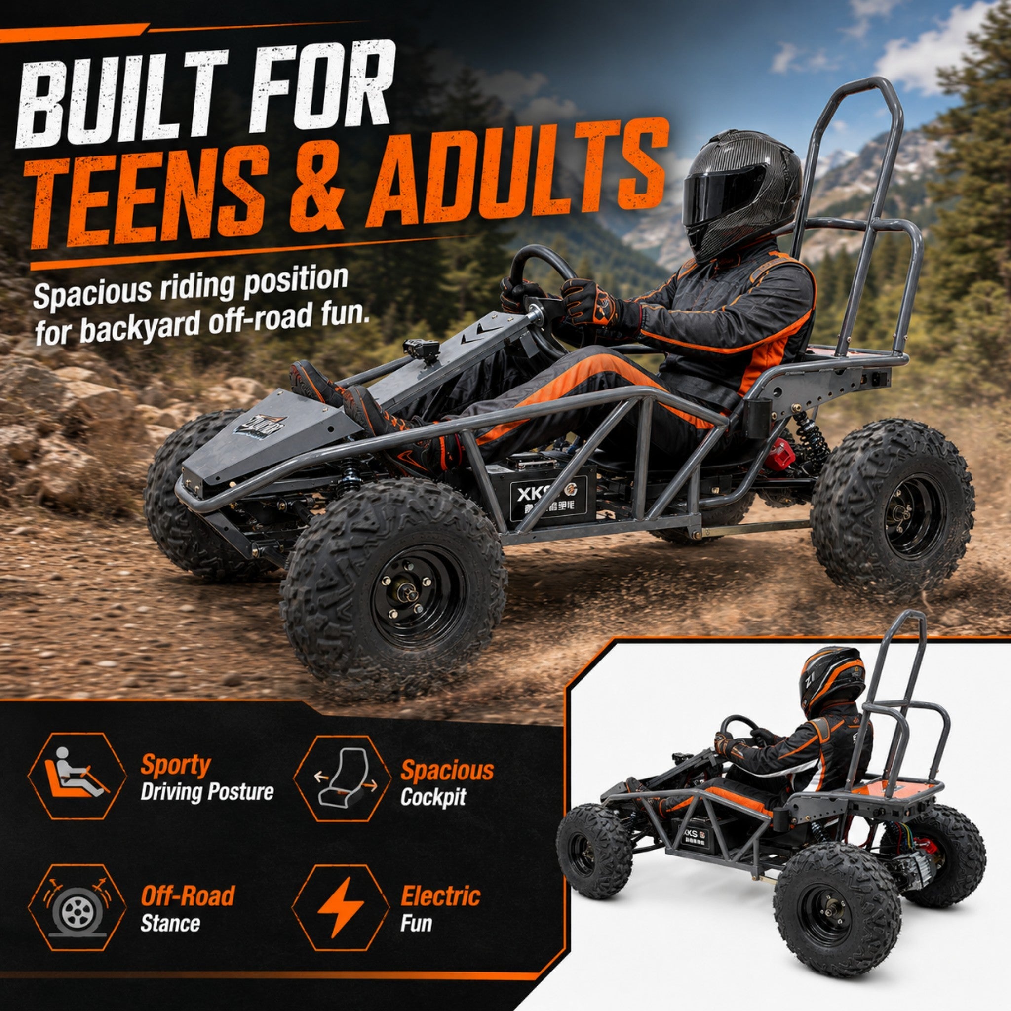 72V Electric Go Kart for Adults & Teens, 1500W Motor, 50Ah Battery, 45-Mile Range, Off-Road Tires