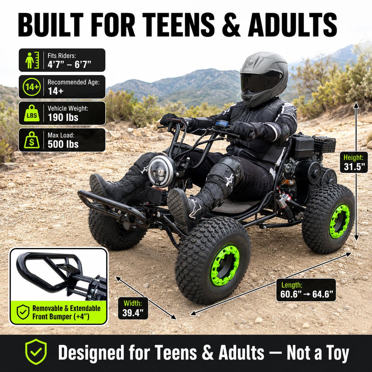 212cc Gas Powered Off-Road Go Kart for Teens & Adults, Electric Start + Pull Start, Forward Neutral Reverse
