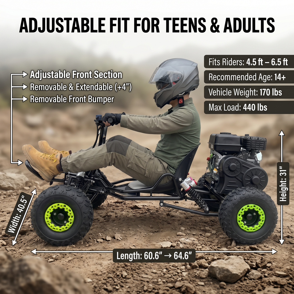 212cc Gas Powered Off-Road Go Kart , Up to 35 MPH, CVT Automatic,  AT145/70-6 Tire