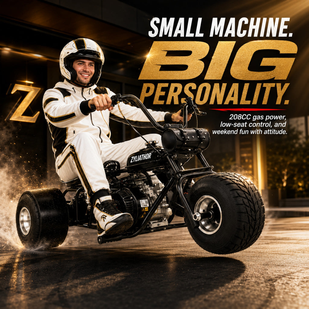 208cc Gas Mini Off-Road Trike Motorcycle CVT, 31MPH Drift Trike Bike, Rear Hydraulic Disc Brake, High-Carbon Steel Frame, Stabilizer Wheels, Muffler, Private Property Only