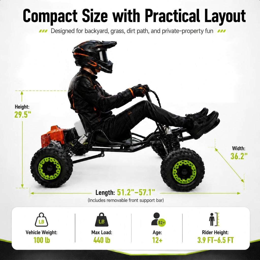 Gas Go Kart, 63.3cc Up to 28MPH, Pull Start，6" All-Terrain Tires