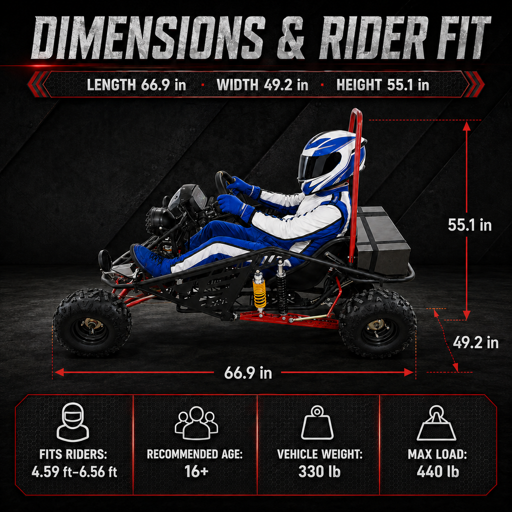 72V 3000W Off-Road Go Kart, 52Ah Shaft Drive Diff, 8 Shocks, 50 MPH, 40-Mile Range