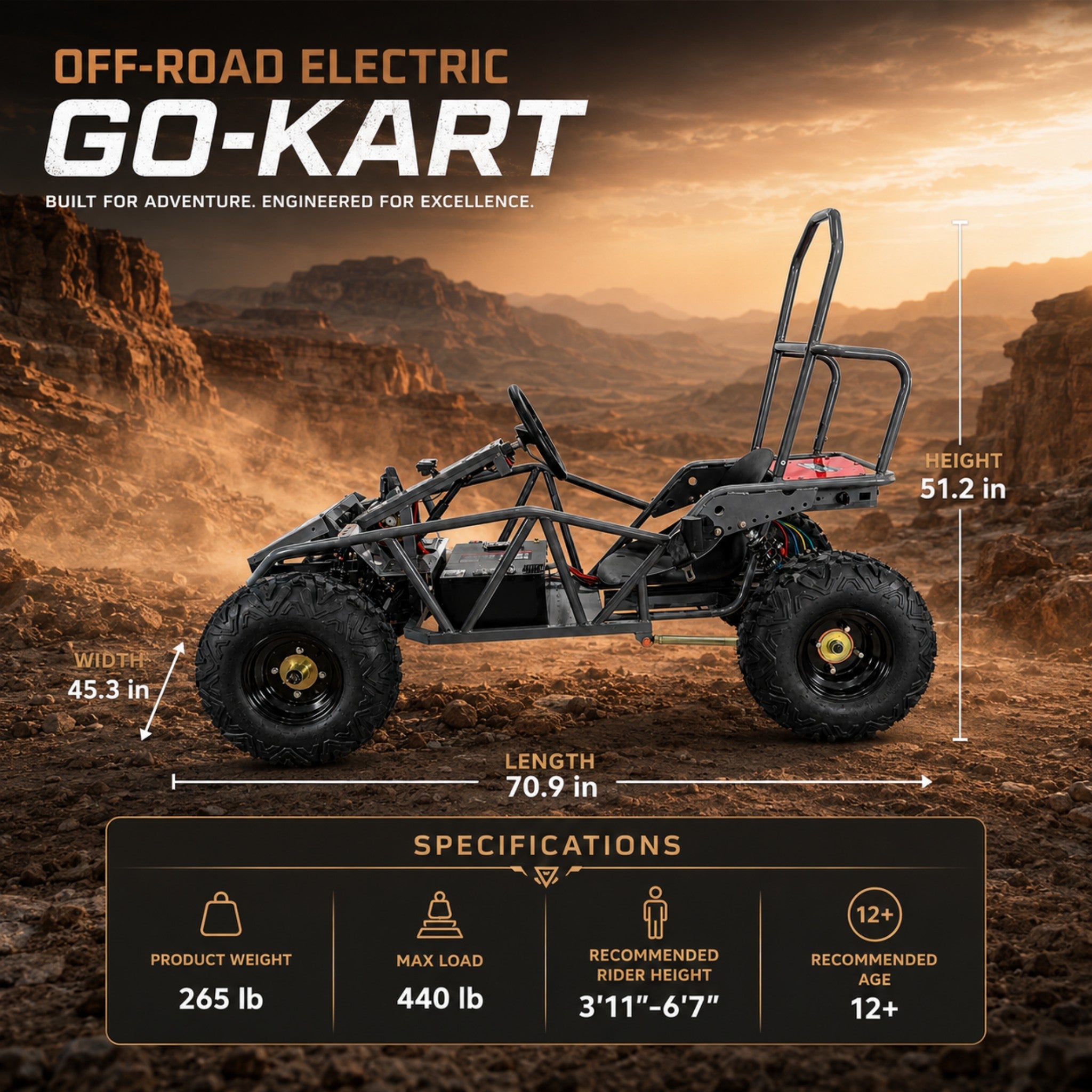 72V Electric Go Kart for Adults & Teens, 1500W Motor, 50Ah Battery, 45-Mile Range, Off-Road Tires