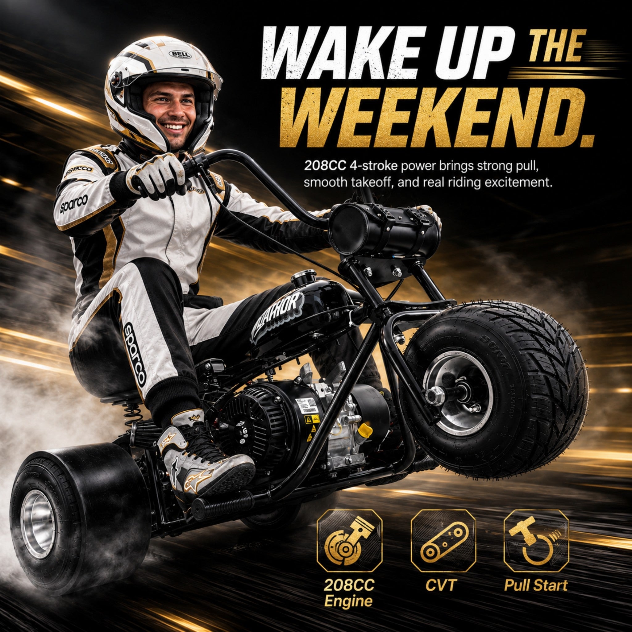 208cc Gas Mini Off-Road Trike Motorcycle CVT, 31MPH Drift Trike Bike, Rear Hydraulic Disc Brake, High-Carbon Steel Frame, Stabilizer Wheels, Muffler, Private Property Only