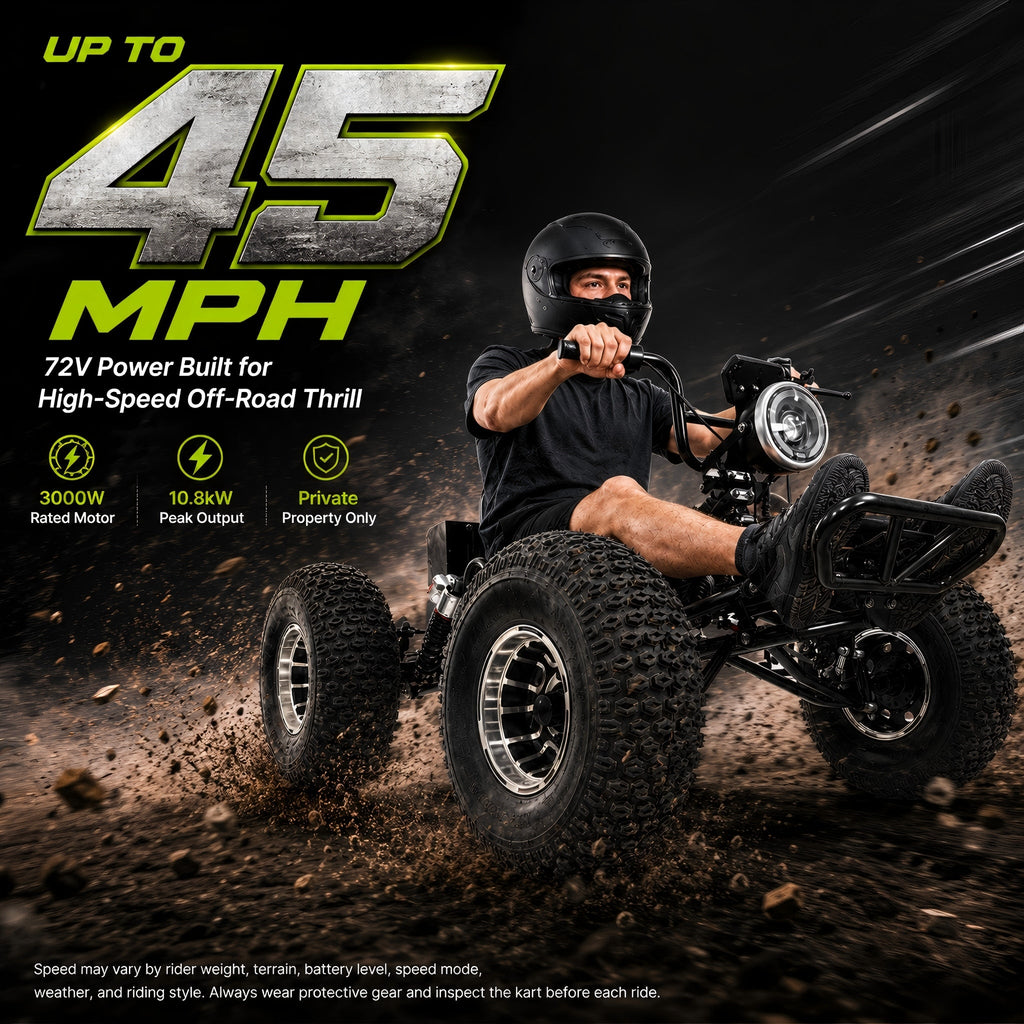 72V 3000W Electric Off-Road Go Kart for Adults & Teens, Peak 10.8kW, Up to 45 MPH, 26Ah battery 37-Mile Range