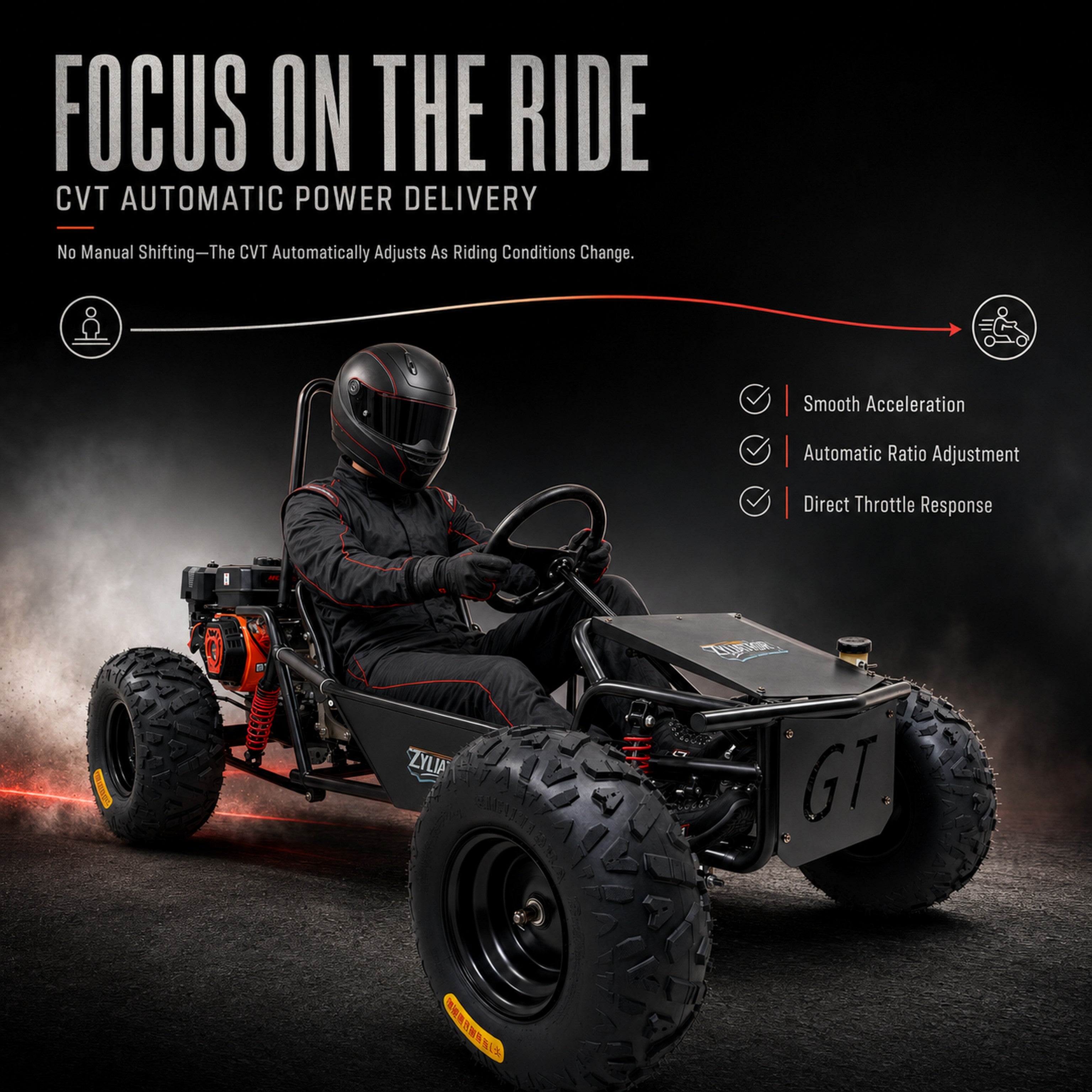 Zyliathor 212cc Gas Off-Road Go Kart, CVT, 35 MPH, Semi-Assembled