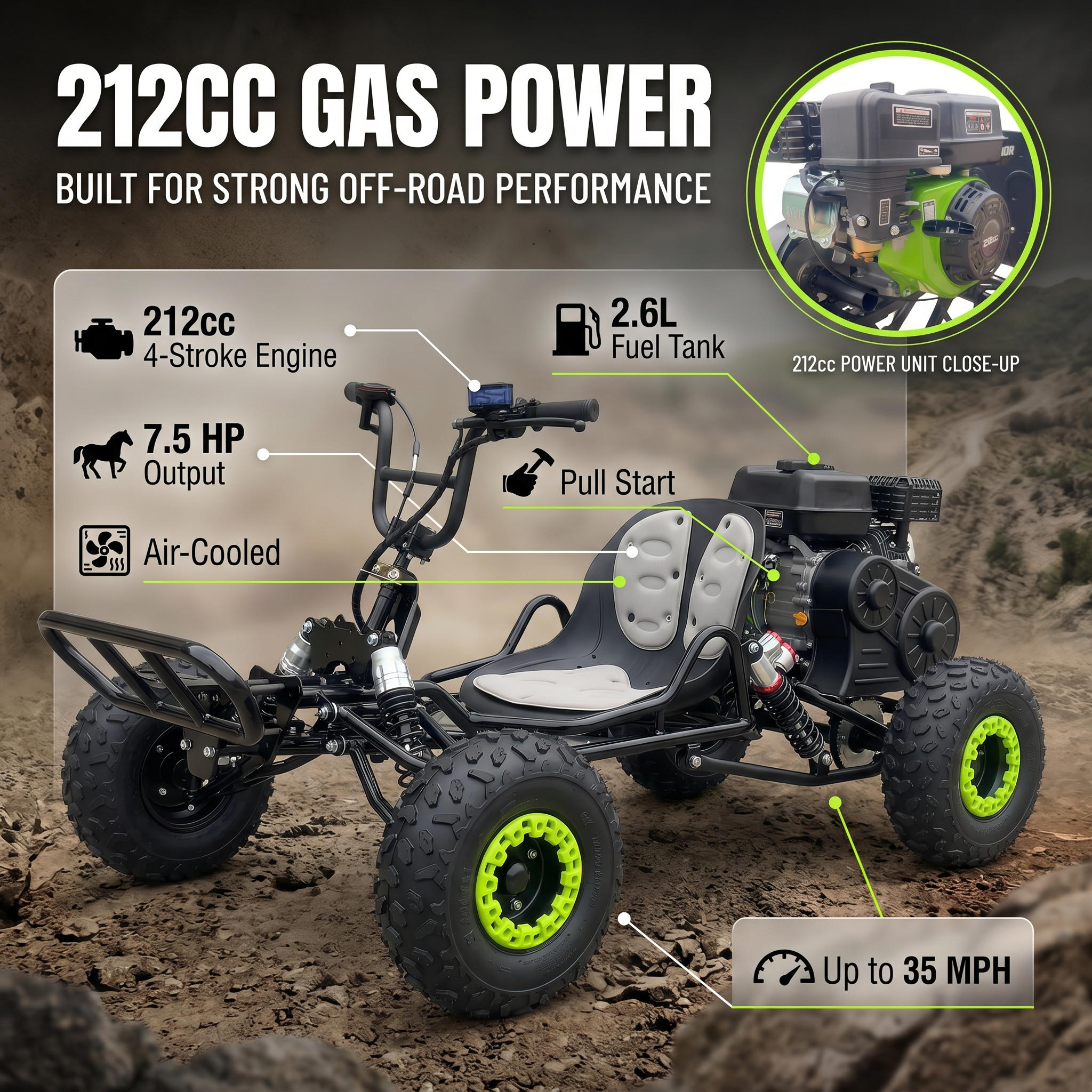 212cc Gas Powered Off-Road Go Kart , Up to 35 MPH, CVT Automatic,  AT145/70-6 Tire