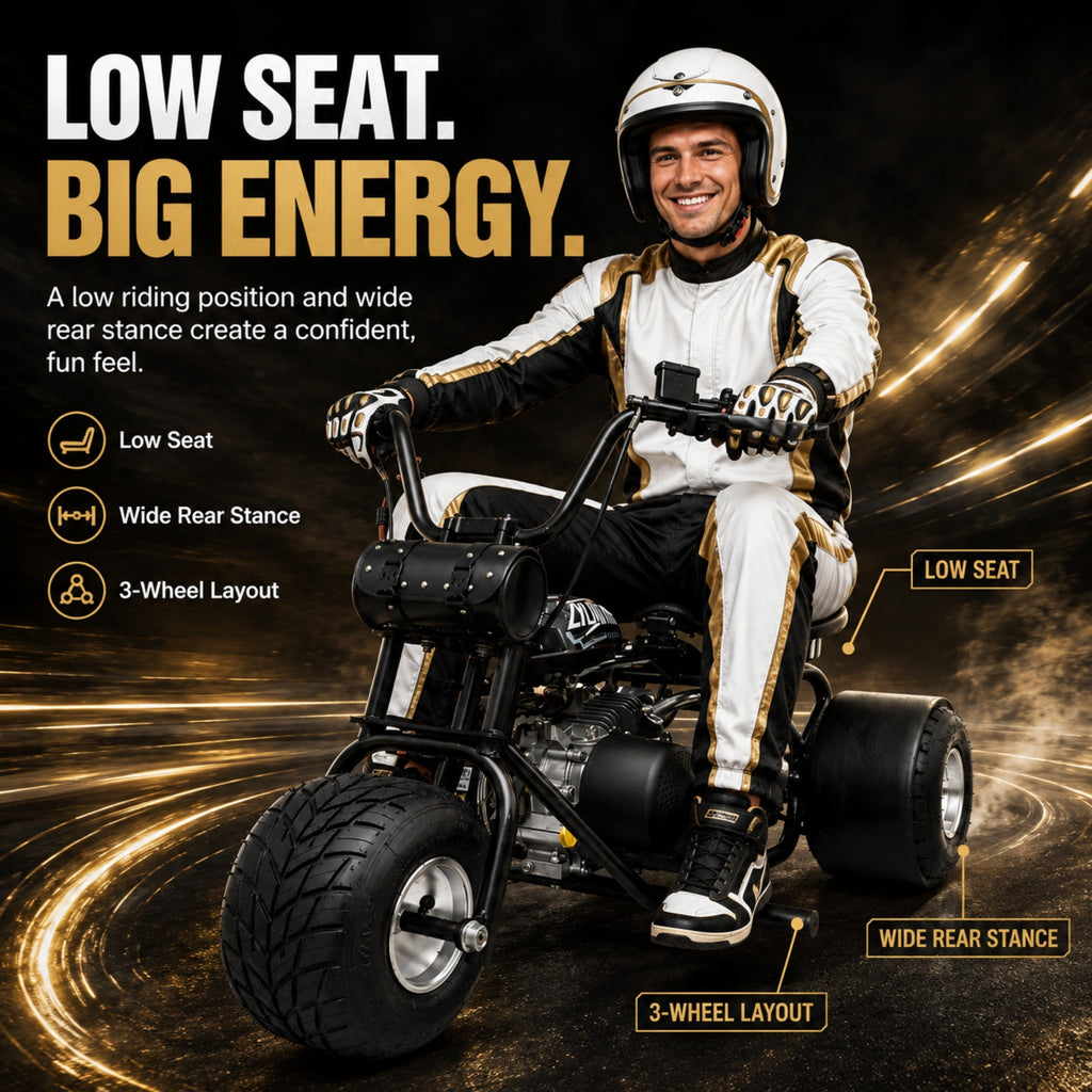 208cc Gas Mini Off-Road Trike Motorcycle CVT, 31MPH Drift Trike Bike, Rear Hydraulic Disc Brake, High-Carbon Steel Frame, Stabilizer Wheels, Muffler, Private Property Only