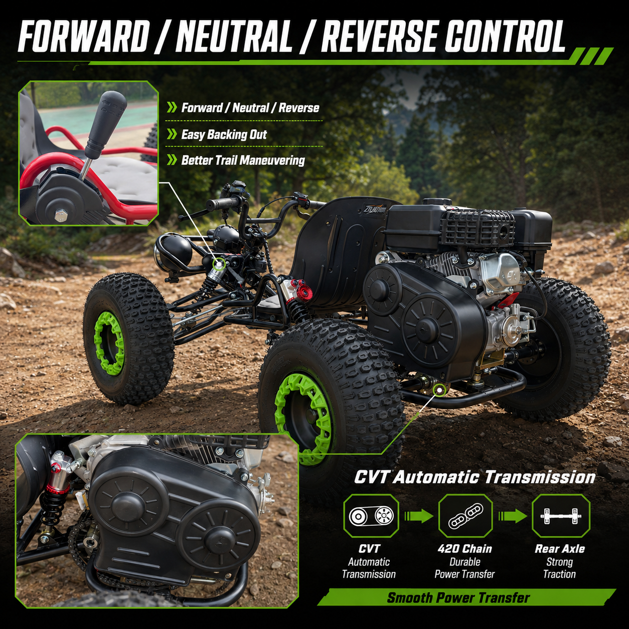 212cc Gas Powered Off-Road Go Kart for Teens & Adults, Electric Start + Pull Start, Forward Neutral Reverse