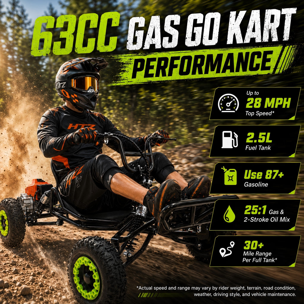 Gas Go Kart, 63.3cc Up to 28MPH, Pull Start，6" All-Terrain Tires