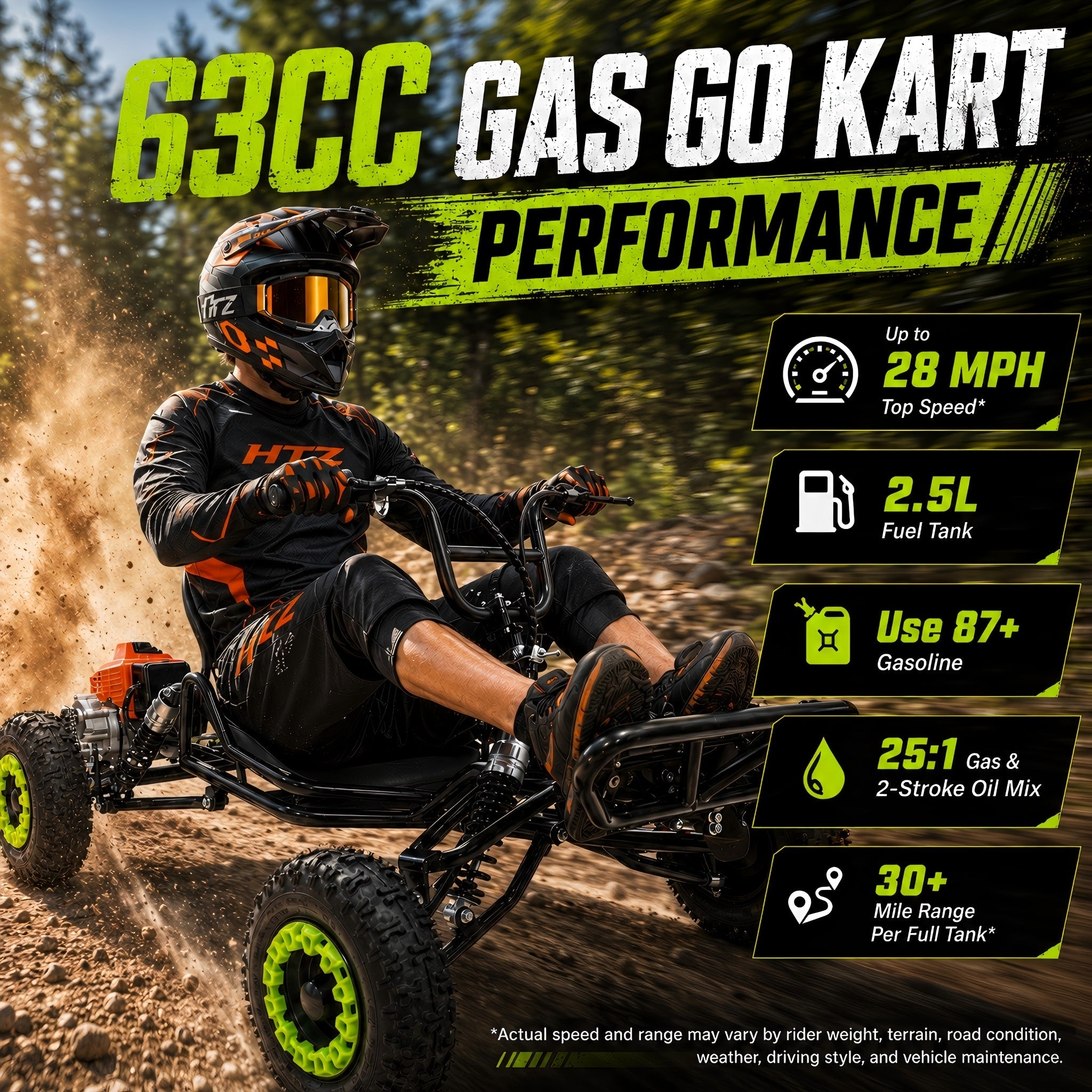 Gas Go Kart, 63.3cc Up to 28MPH, Pull Start，6" All-Terrain Tires