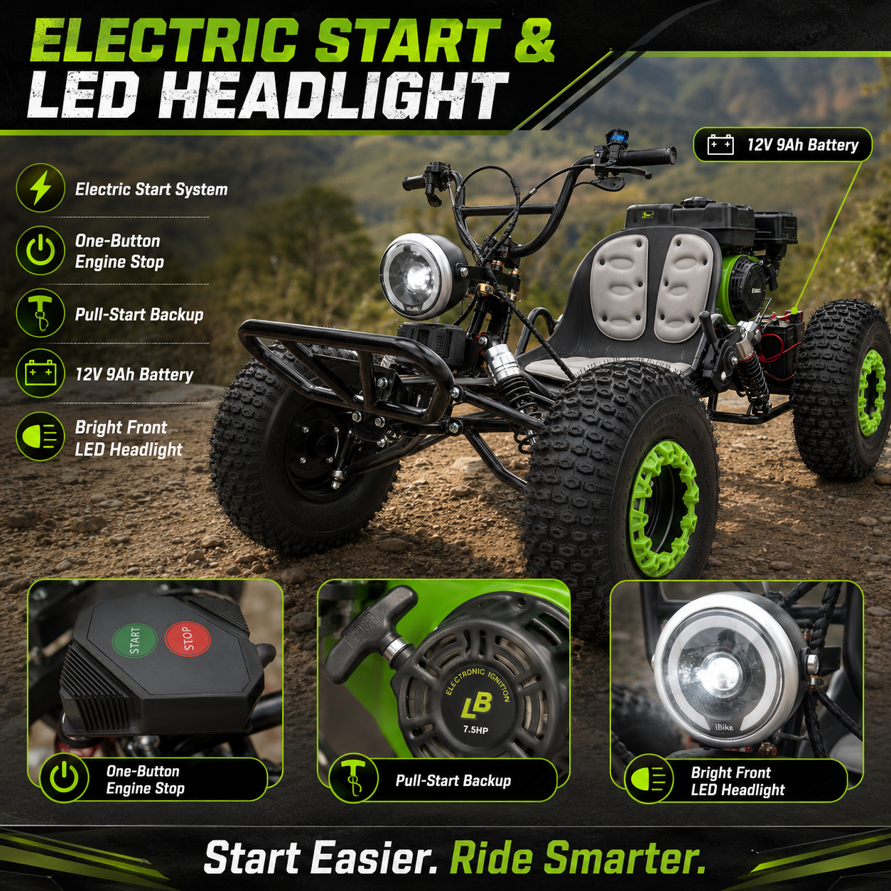 212cc Gas Powered Off-Road Go Kart for Teens & Adults, Electric Start + Pull Start, Forward Neutral Reverse
