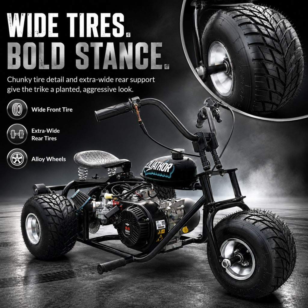 208cc Gas Mini Off-Road Trike Motorcycle CVT, 31MPH Drift Trike Bike, Rear Hydraulic Disc Brake, High-Carbon Steel Frame, Stabilizer Wheels, Muffler, Private Property Only