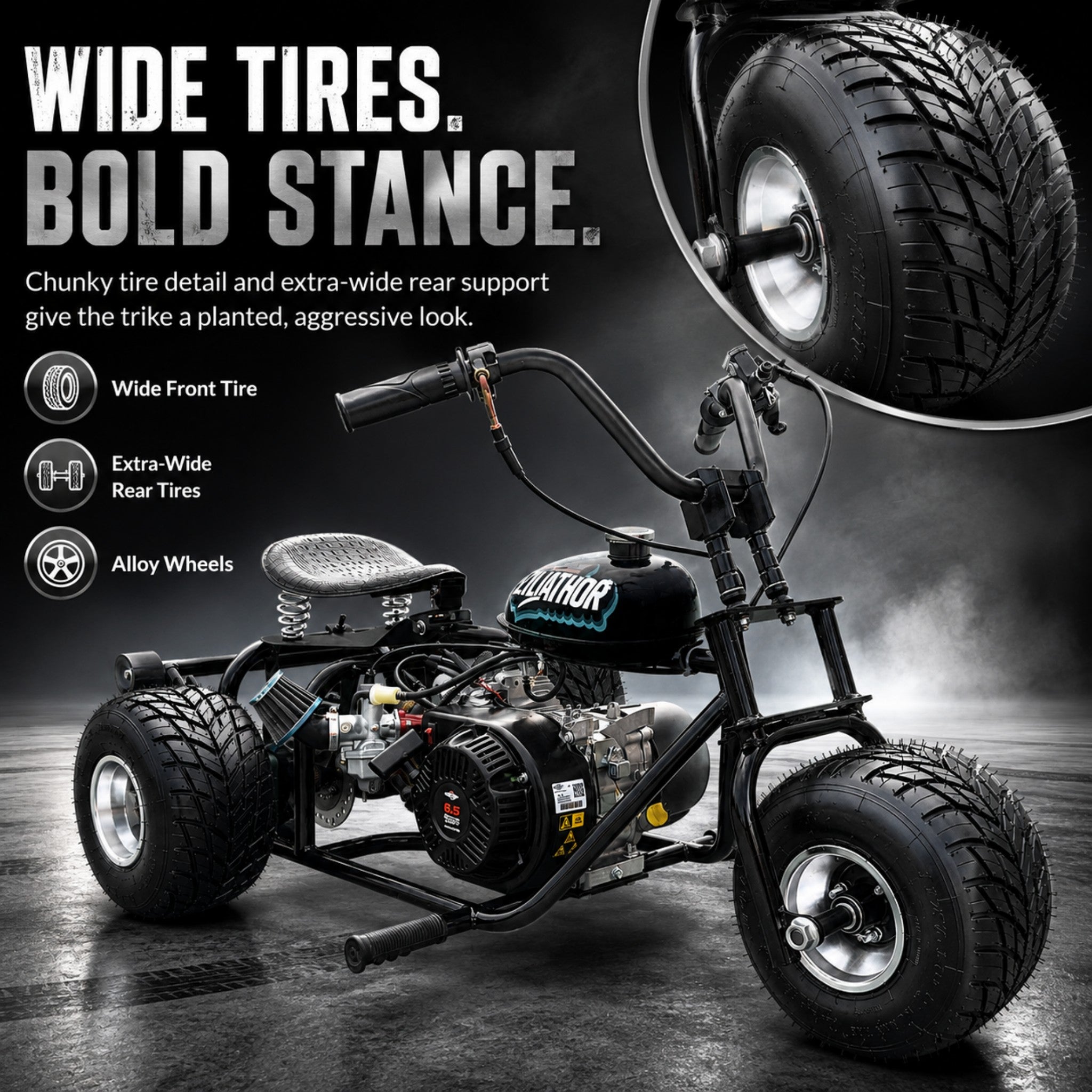 208cc Gas Mini Off-Road Trike Motorcycle CVT, 31MPH Drift Trike Bike, Rear Hydraulic Disc Brake, High-Carbon Steel Frame, Stabilizer Wheels, Muffler, Private Property Only