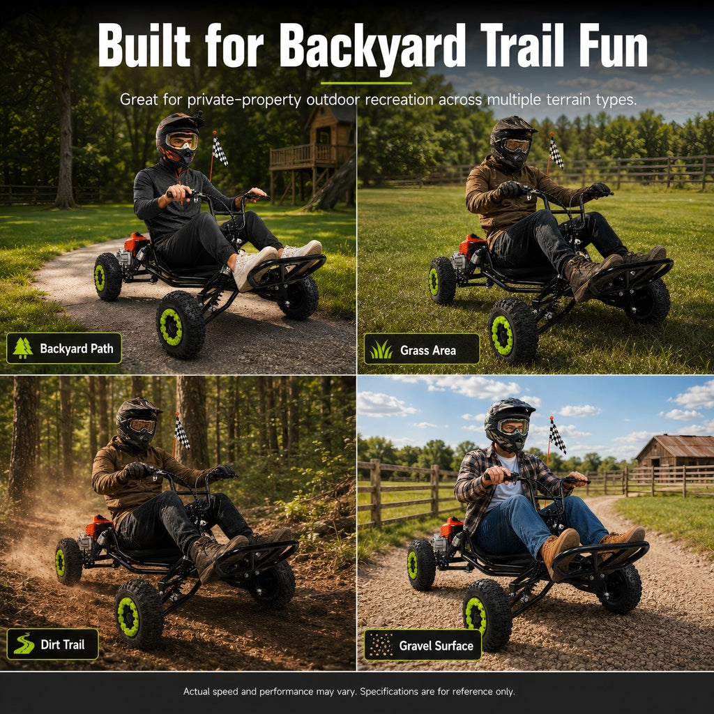 Gas Go Kart, 63.3cc Up to 28MPH, Pull Start，6" All-Terrain Tires