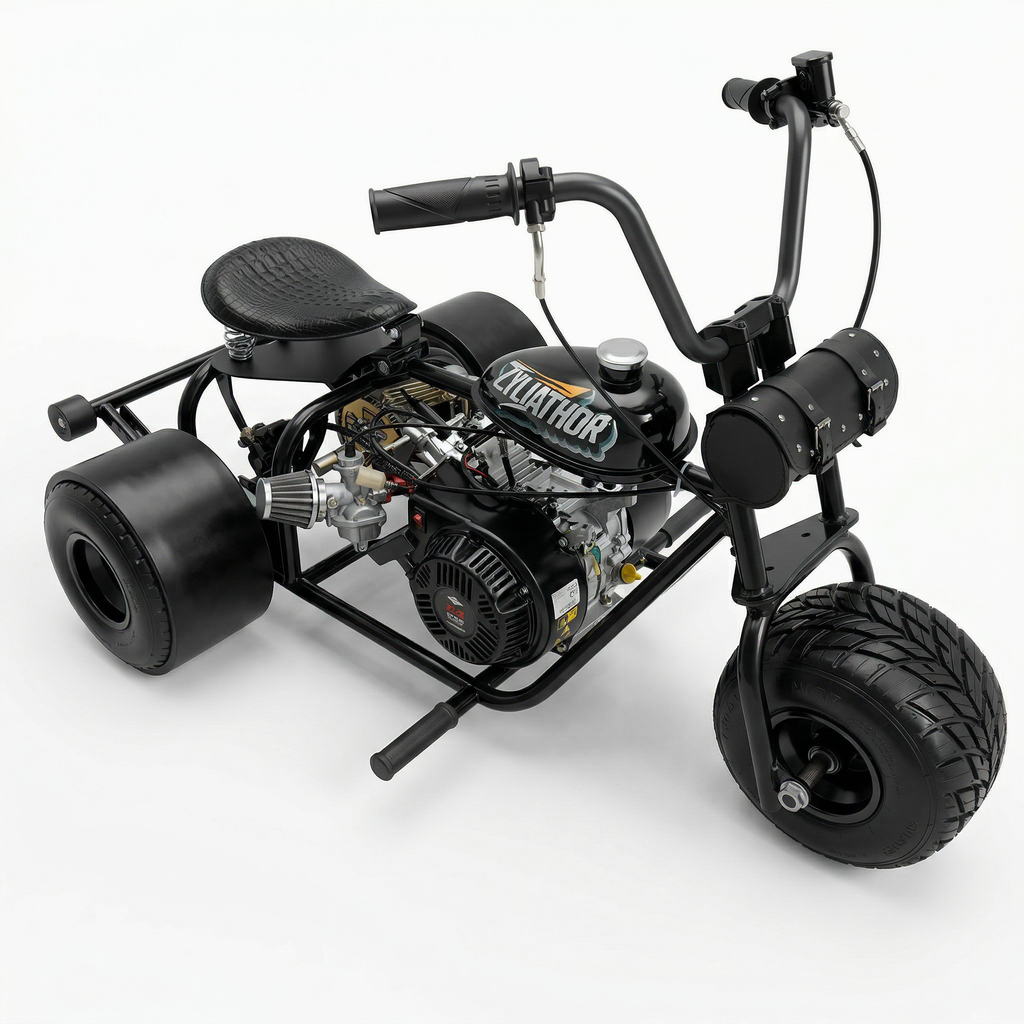 208cc Gas Mini Off-Road Trike Motorcycle CVT, 31MPH Drift Trike Bike, Rear Hydraulic Disc Brake, High-Carbon Steel Frame, Stabilizer Wheels, Muffler, Private Property Only