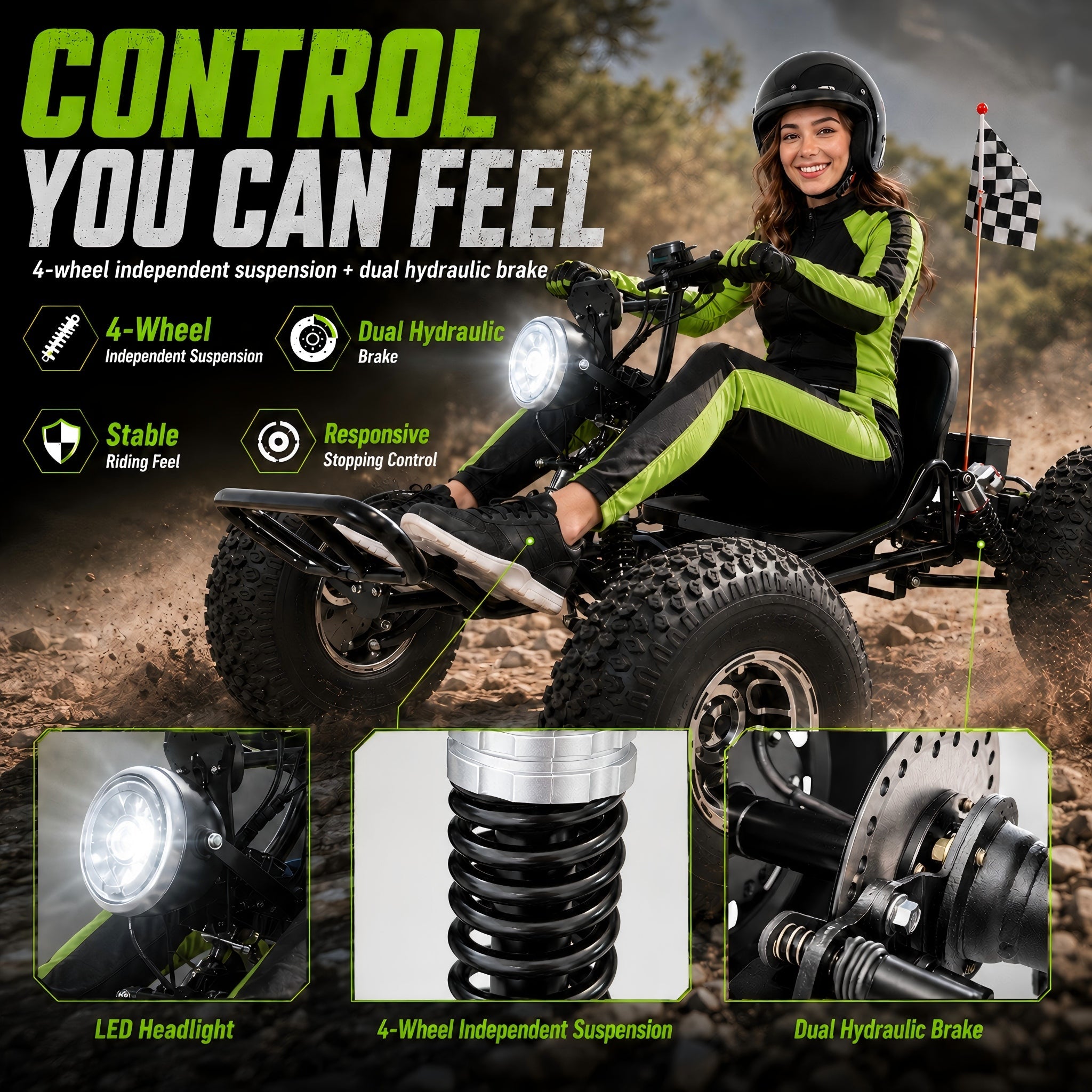 48V 20Ah Electric Off-Road Go Kart for Adults & Teens, Peak 4000W, Up to 31 MPH, 30-Mile Range