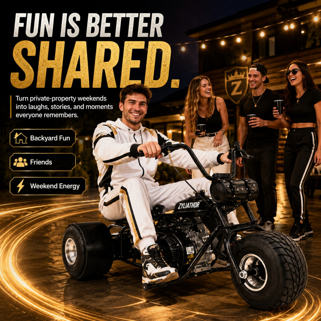 208cc Gas Mini Off-Road Trike Motorcycle CVT, 31MPH Drift Trike Bike, Rear Hydraulic Disc Brake, High-Carbon Steel Frame, Stabilizer Wheels, Muffler, Private Property Only