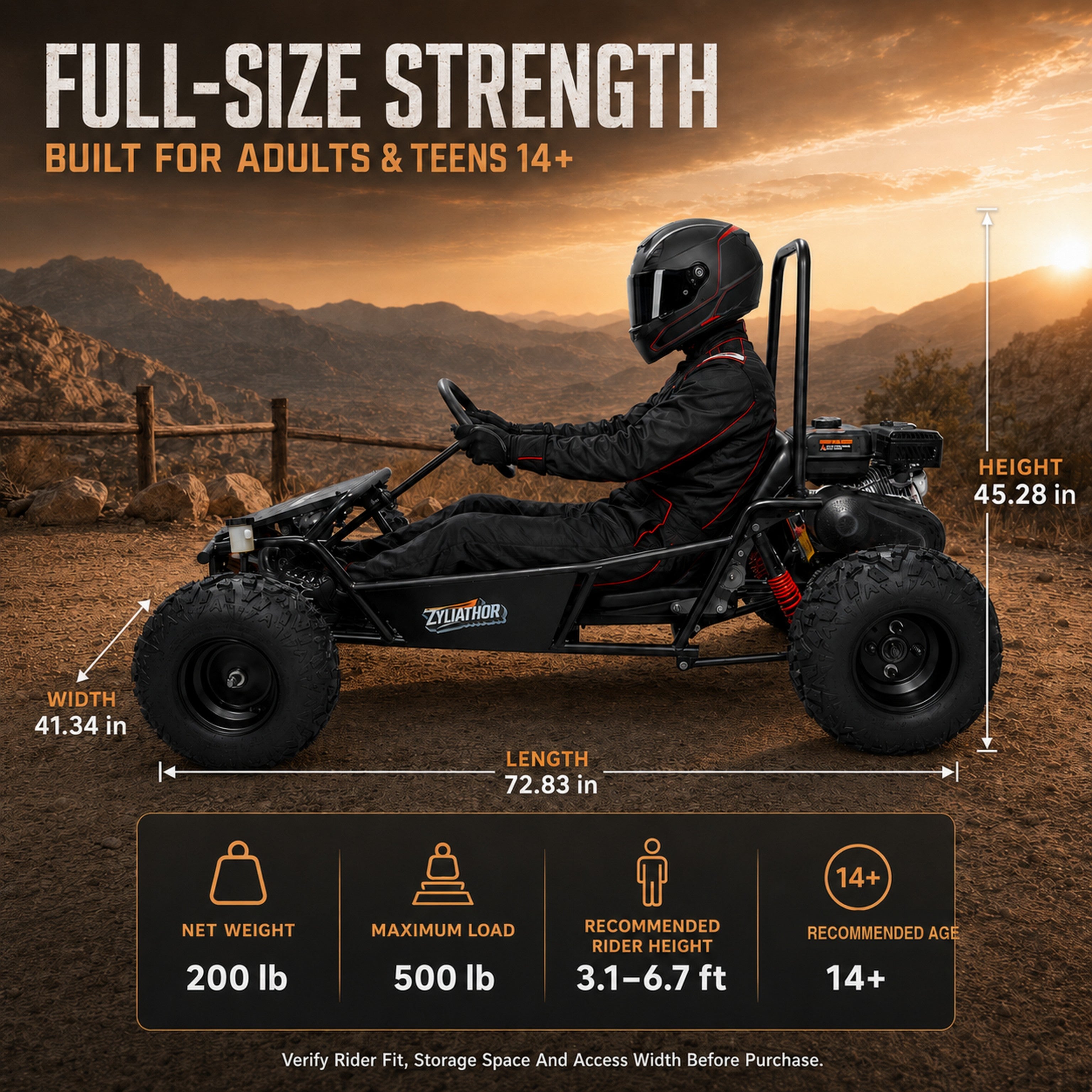 Zyliathor 212cc Gas Off-Road Go Kart, CVT, 35 MPH, Semi-Assembled