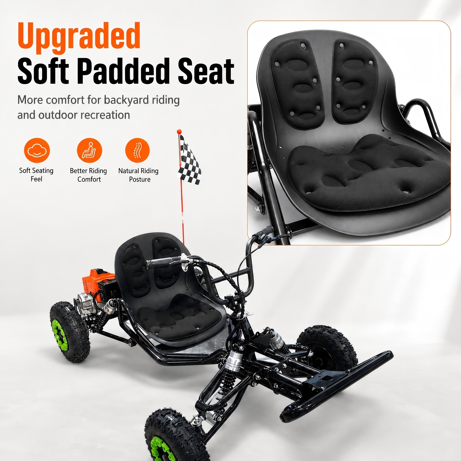 Gas Go Kart, 63.3cc Up to 28MPH, Pull Start，6" All-Terrain Tires