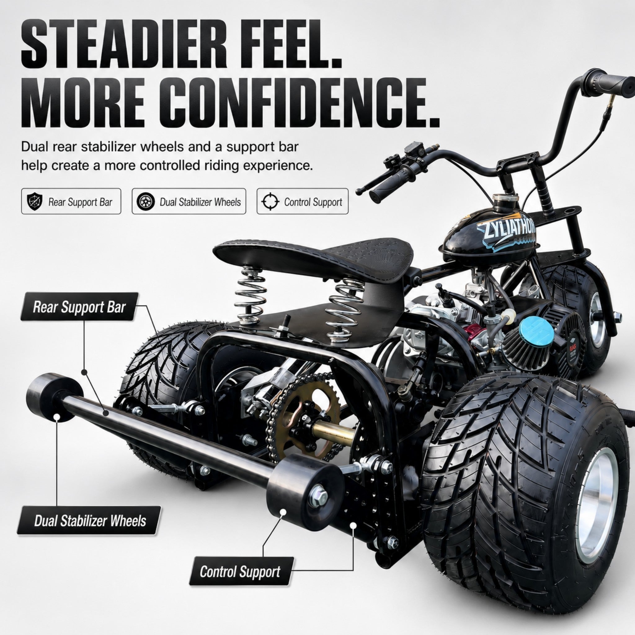 208cc Gas Mini Off-Road Trike Motorcycle CVT, 31MPH Drift Trike Bike, Rear Hydraulic Disc Brake, High-Carbon Steel Frame, Stabilizer Wheels, Muffler, Private Property Only