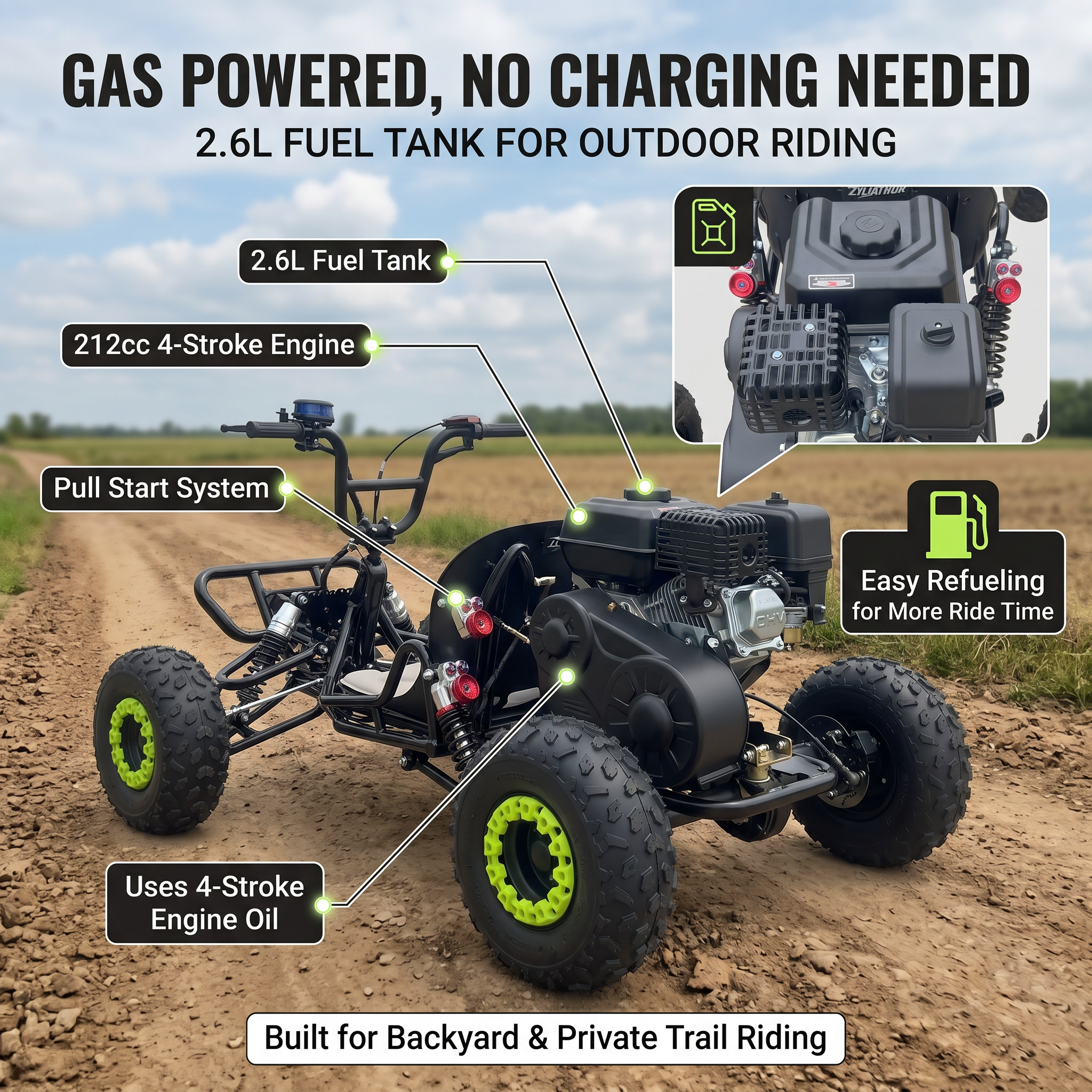 212cc Gas Powered Off-Road Go Kart , Up to 35 MPH, CVT Automatic,  AT145/70-6 Tire