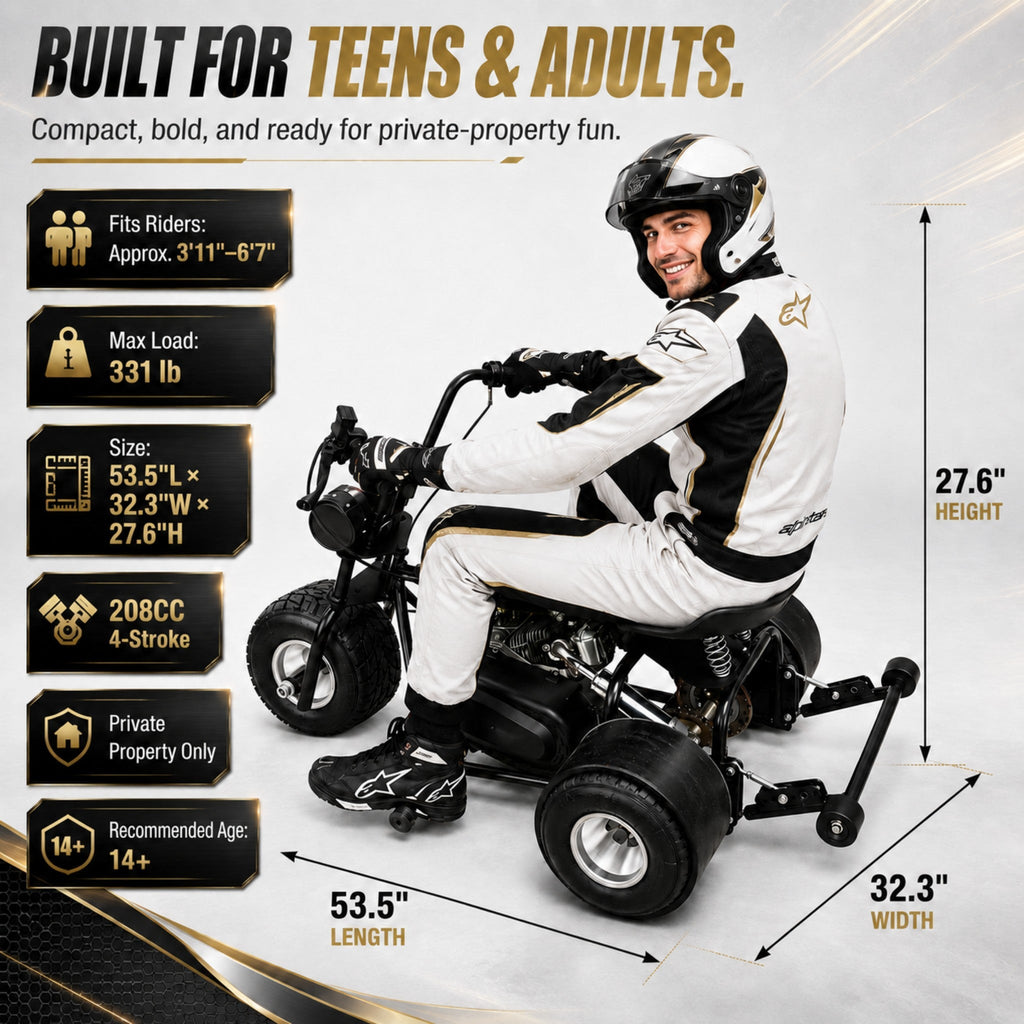 208cc Gas Mini Off-Road Trike Motorcycle CVT, 31MPH Drift Trike Bike, Rear Hydraulic Disc Brake, High-Carbon Steel Frame, Stabilizer Wheels, Muffler, Private Property Only