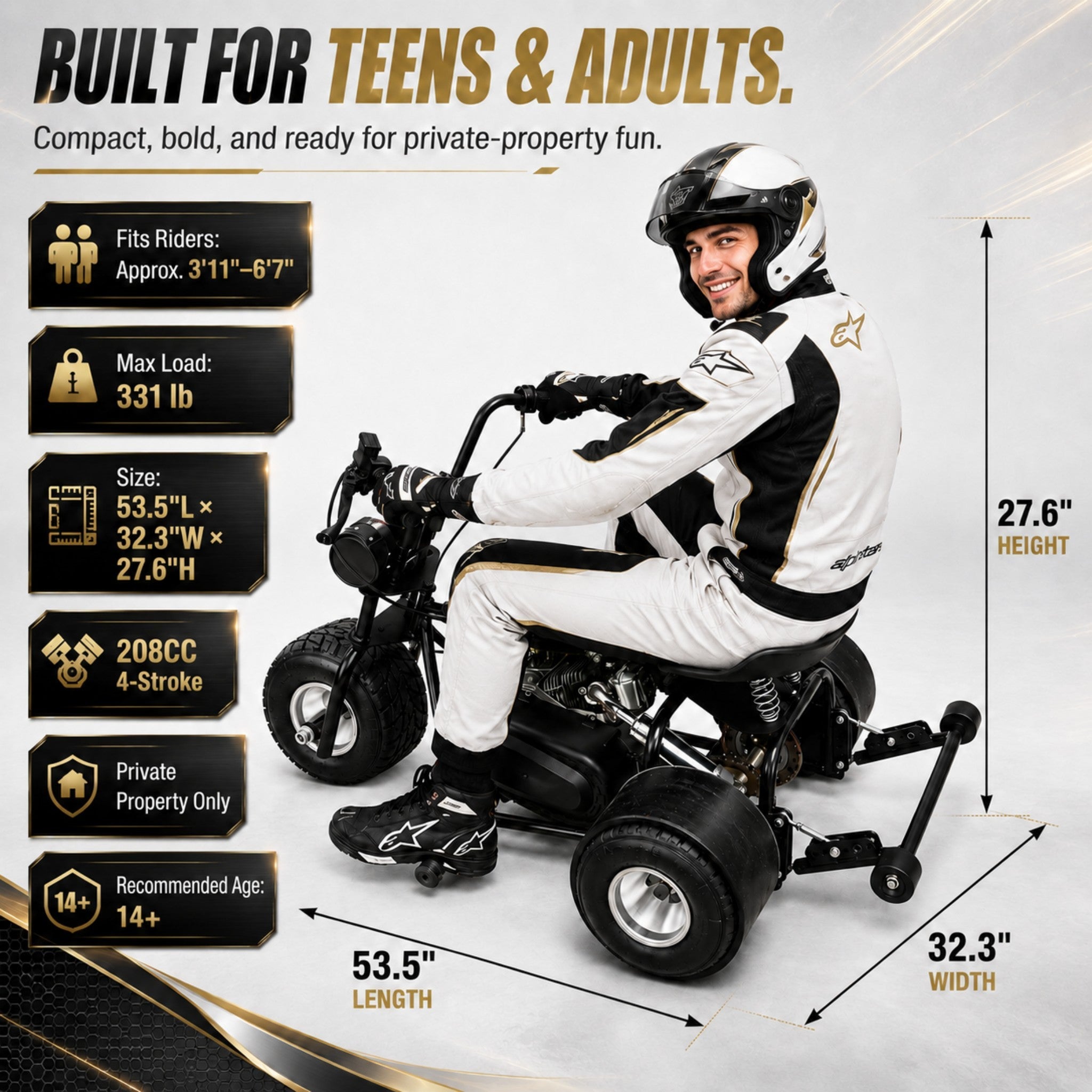 208cc Gas Mini Off-Road Trike Motorcycle CVT, 31MPH Drift Trike Bike, Rear Hydraulic Disc Brake, High-Carbon Steel Frame, Stabilizer Wheels, Muffler, Private Property Only