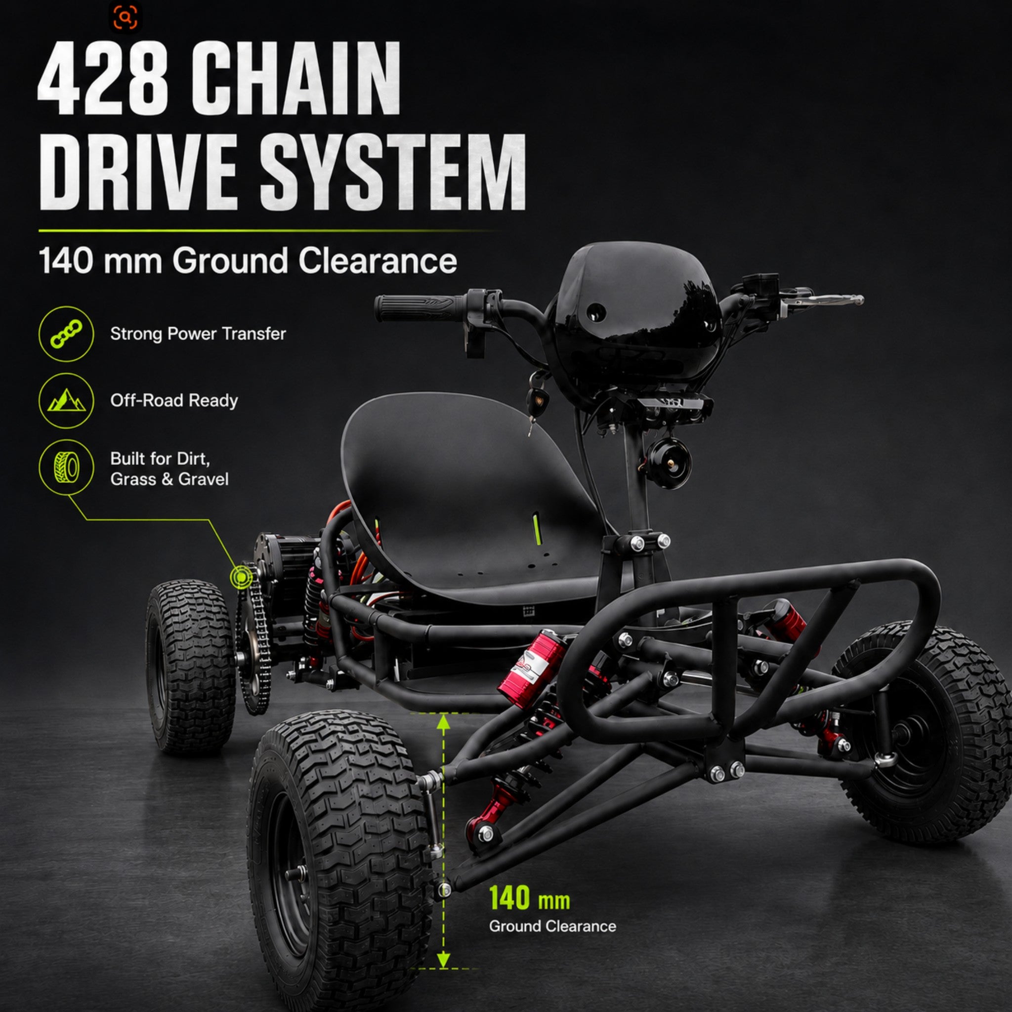 72V 3000W “Little Mountain Leopard” (Peak 25kW), 18S 52Ah, 75 mph,13x5.00-6 Tires,428 Chain