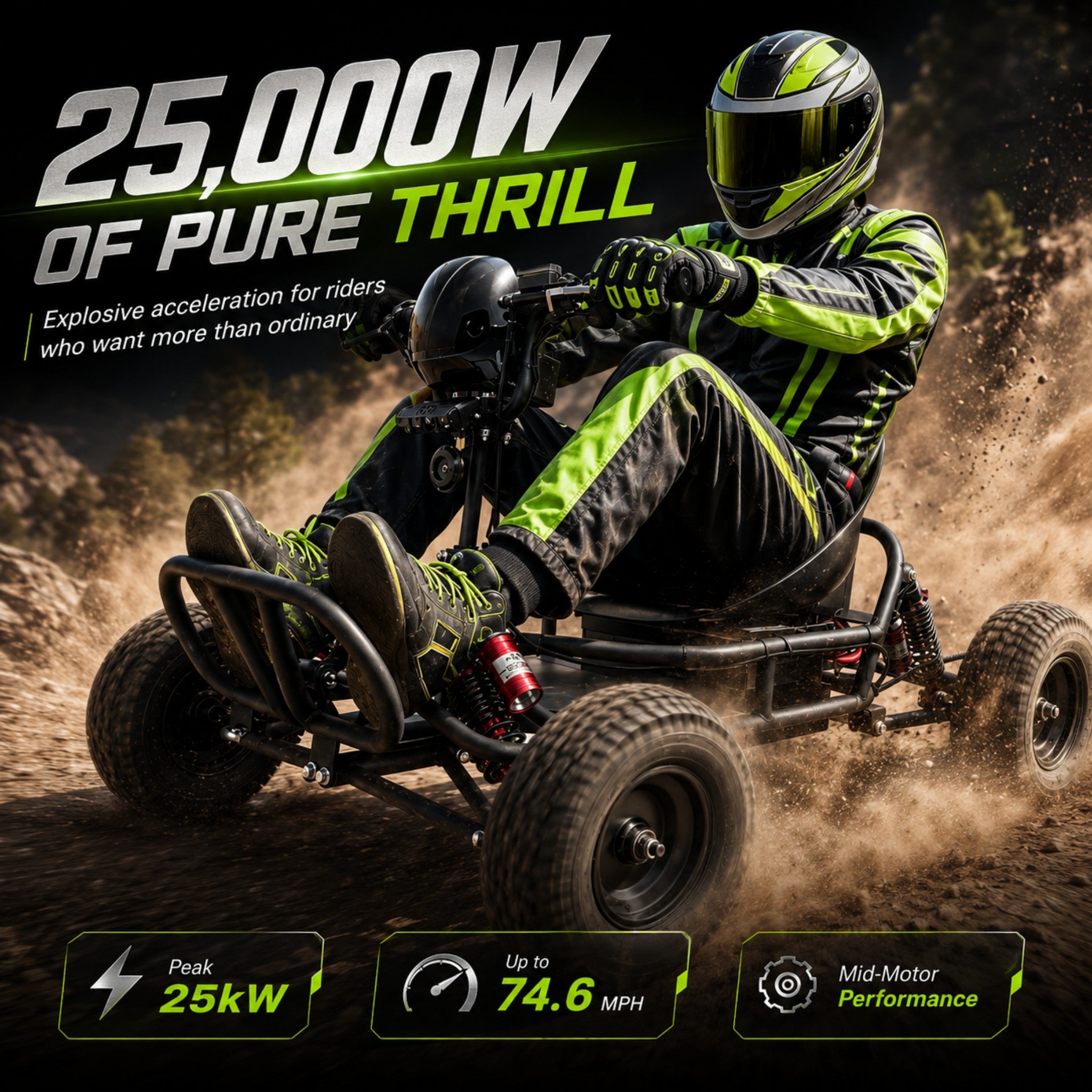 72V 3000W “Little Mountain Leopard” (Peak 25kW), 18S 52Ah, 75 mph,13x5.00-6 Tires,428 Chain