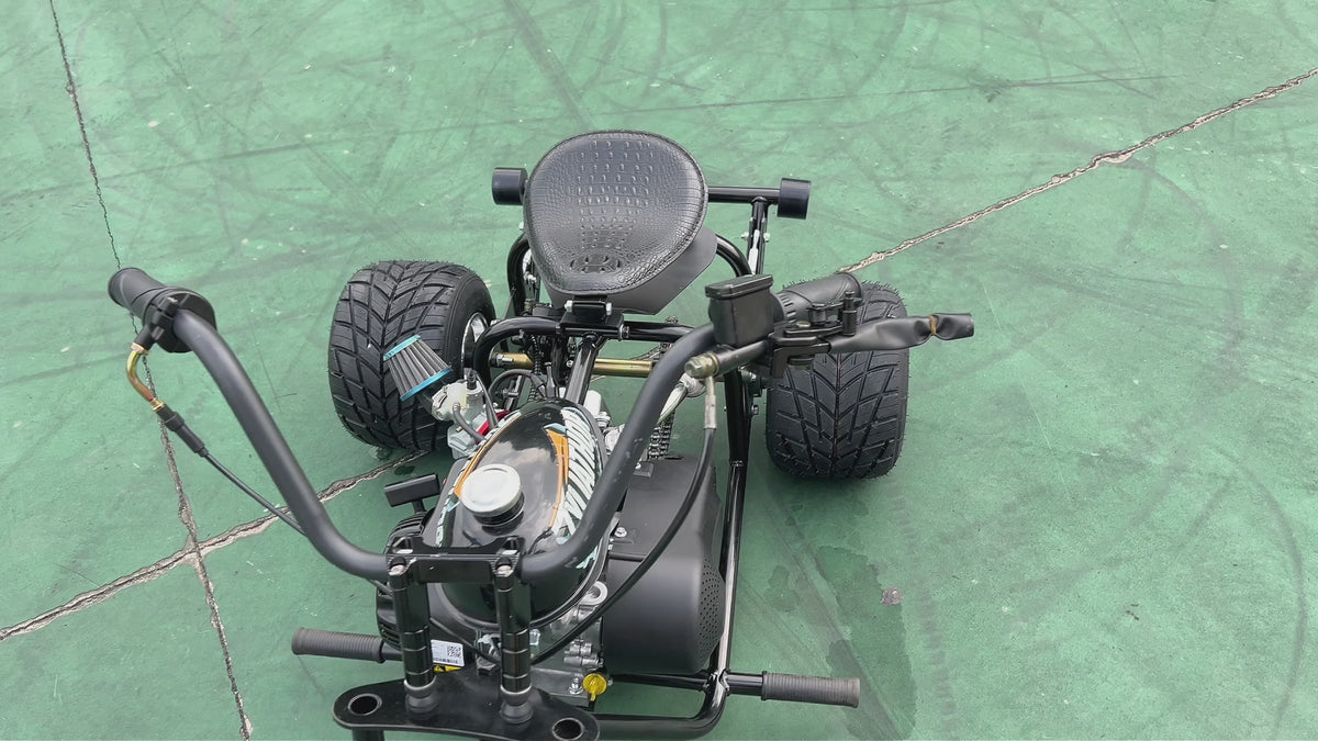 208cc Gas Mini Off-Road Trike Motorcycle CVT, 31MPH Drift Trike Bike, Rear Hydraulic Disc Brake, High-Carbon Steel Frame, Stabilizer Wheels, Muffler, Private Property Only